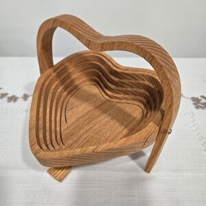 John Keim Wooden Heart Shape Collapsible Fruit Trinket Bowl Cottage Grandma Chic